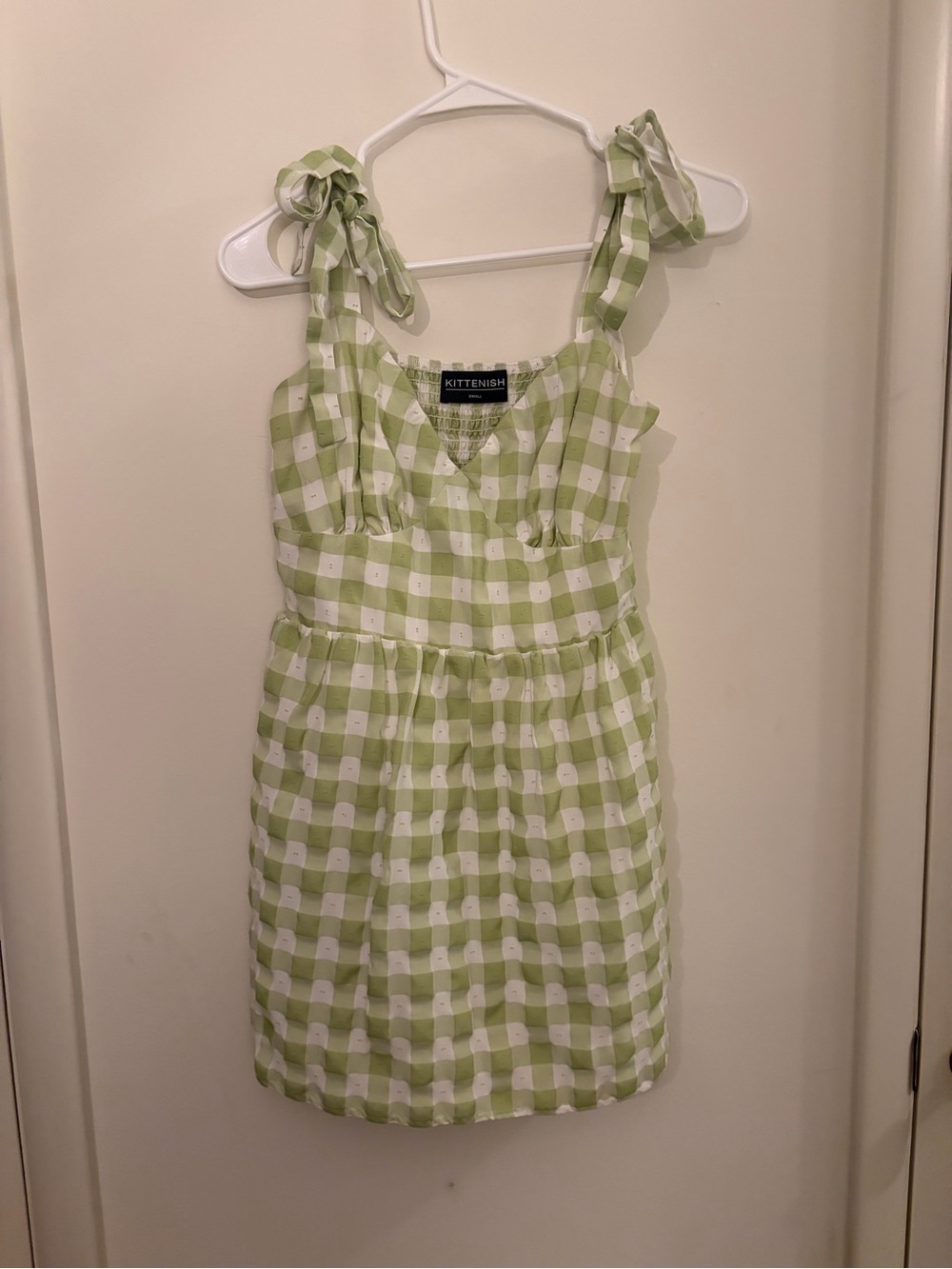 Kittenish Light Green and White Gingham Tie-Shoulder Sundress